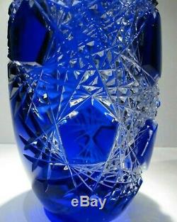 XL CAESAR CRYSTAL Blue Vase Hand Cut to Clear Overlay Czech Bohemian Cased