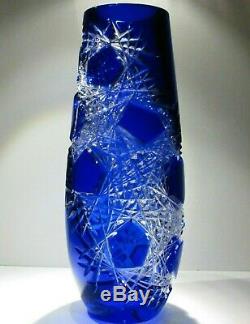 XL CAESAR CRYSTAL Blue Vase Hand Cut to Clear Overlay Czech Bohemian Cased