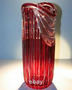 XXL CAESAR CRYSTAL Red Vase Blown Cut to Clear Overlay Czech Bohemia Cased 12+