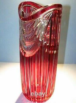 XXL CAESAR CRYSTAL Red Vase Blown Cut to Clear Overlay Czech Bohemia Cased 12+